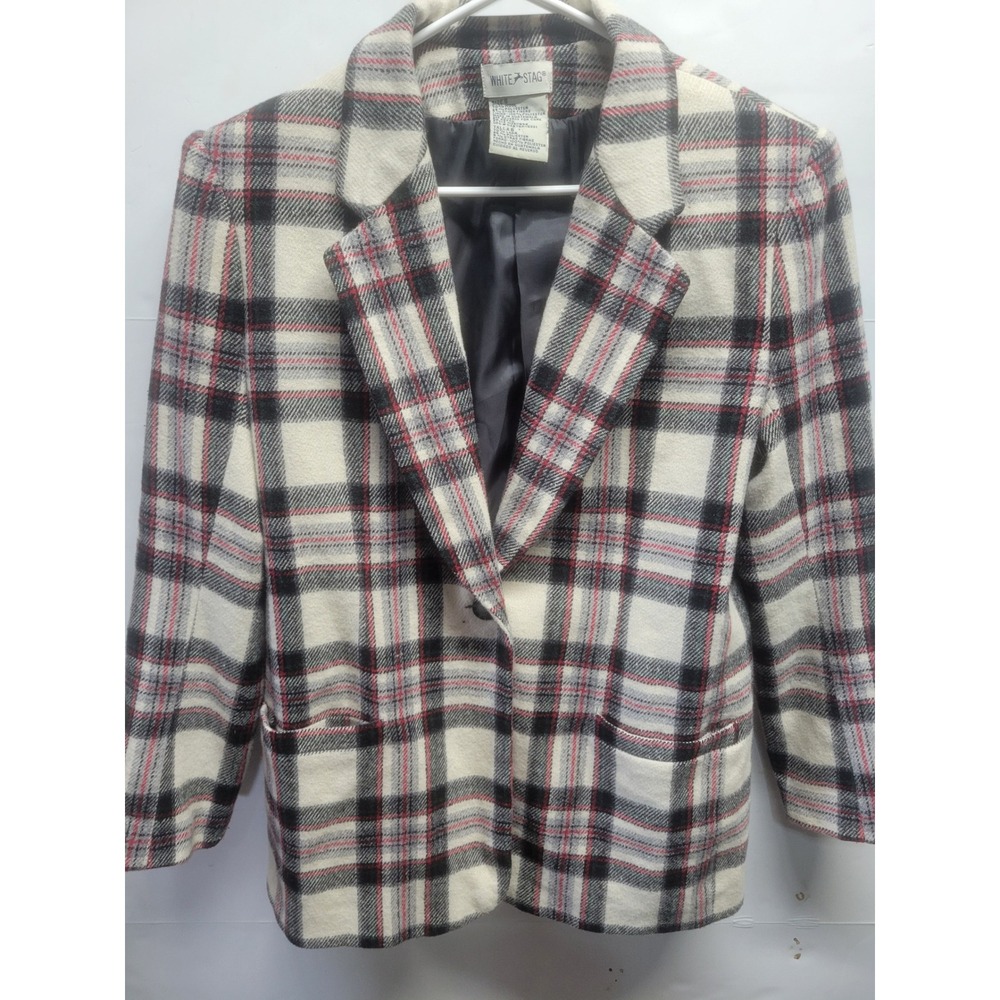 White Stag Womens Wool Blend Plaid Blazer Jacket Ivory Black Red W5511652 Size 6 - Picture 5 of 8